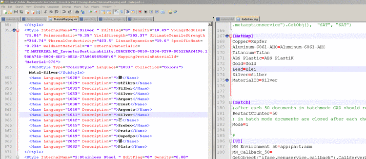 On the left side: Inventor/Design Data/MaterialMapping.xml - On the right side: $CADENAS_SETUP/ifadeskinv.cfg
