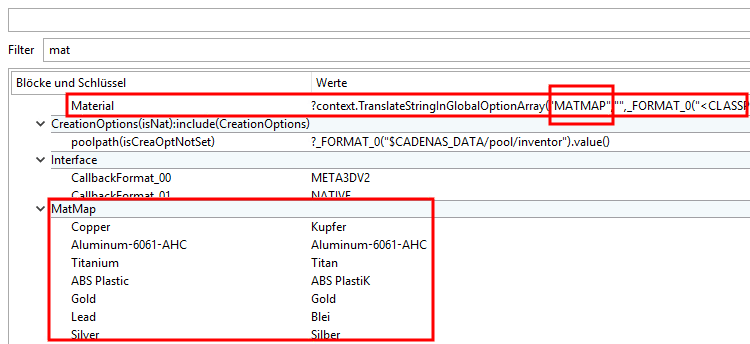 Block "CreationOptions(is3d)" -> Key "Material" + Block "MatMap" -> single material keys