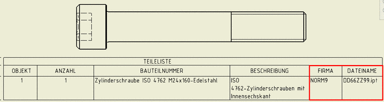 BOM list standard attributes enhanced with "COMPANY" and "FILE NAME"