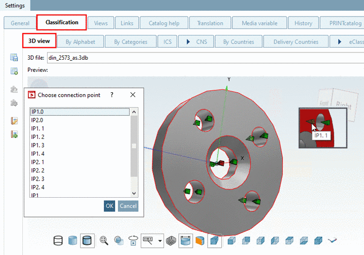 Connection point highlighted in red after selection in dialog and name in tooltip after mouseover