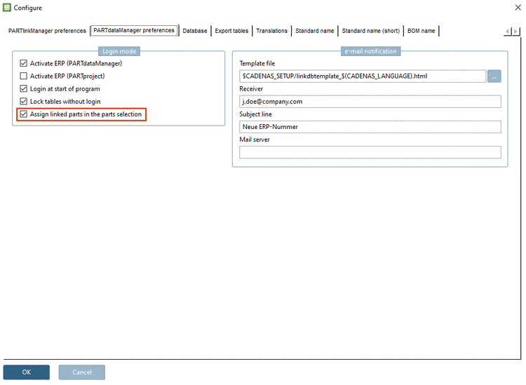 Assign linked parts in the parts selection