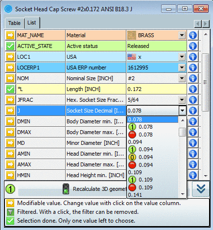 Part selection list view: Status bitmaps in the variables list field