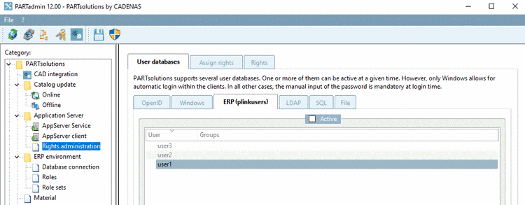 Exemplary user database "ERP(plinkusers)" deactivated