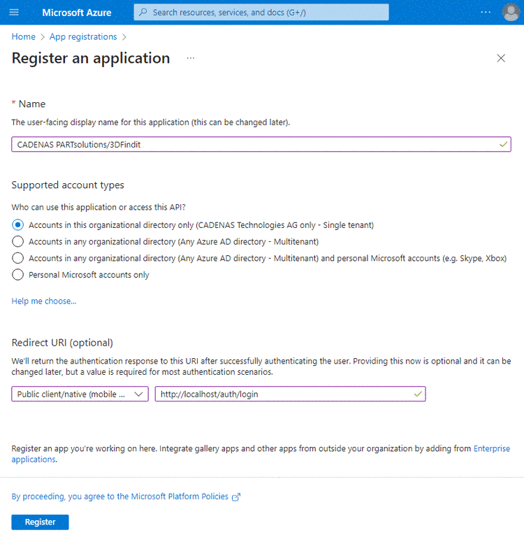 Microsoft Azure "Register an application"