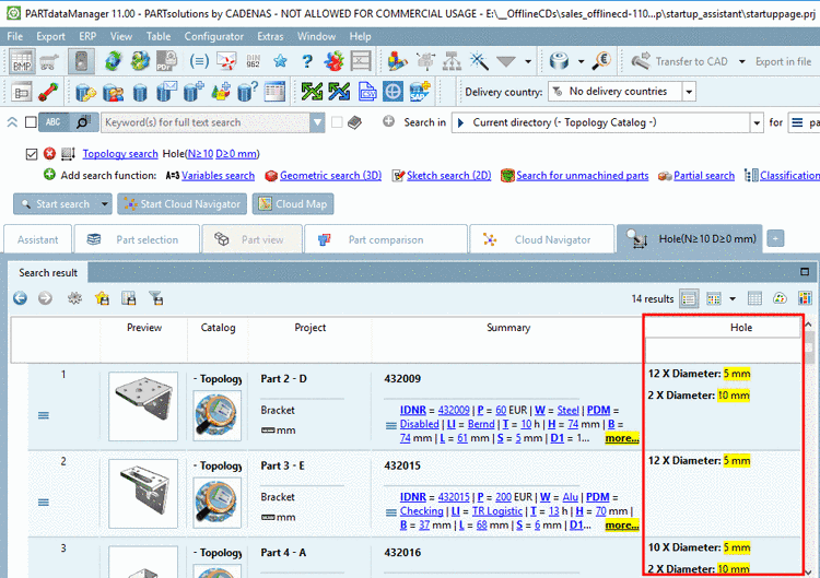 In this example a Topology search with the features "Hole", "Amount" >=10 has been performed. The number of boreholes is displayed in the respective column.