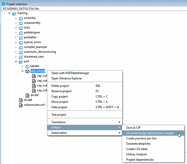 Project selection -> Context menu at directory or project level -> Output -> Generate image data/preview images