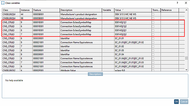 Corresponding entries on the "Class variables [Class variables] " dialog page
