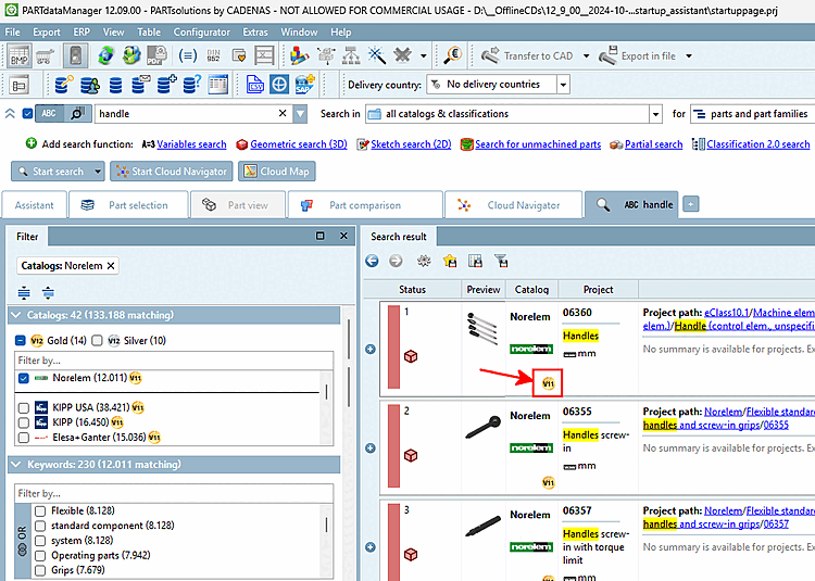 Search results in details view