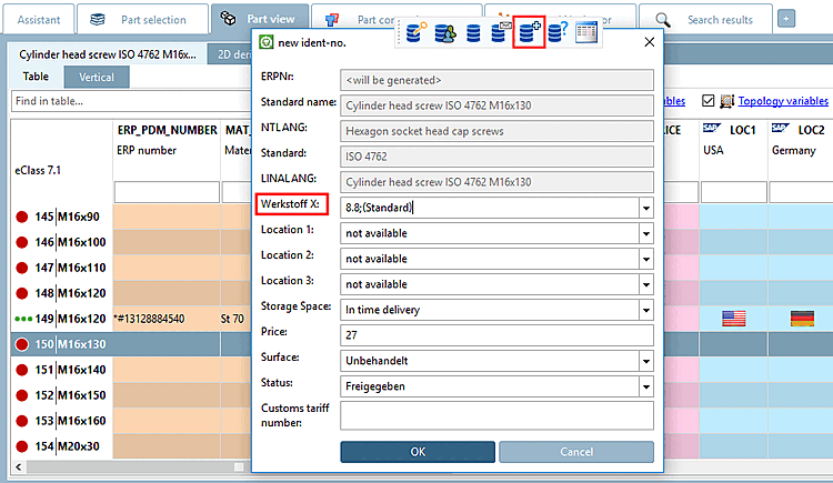 Example PARTdataManager: "Material X" remains untranslated.