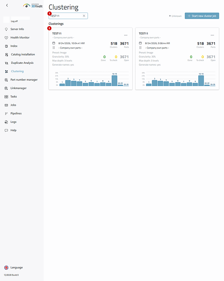 A filtered overview displays the selected saved result, including the source, configuration, and test bench.