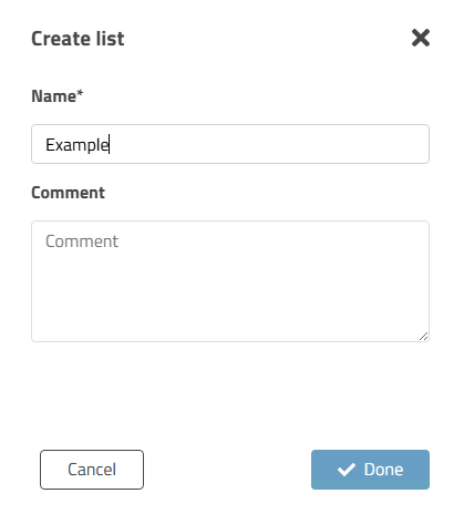 Create list dialog box