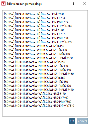 "Edit value range assignments [Edit value range mappings] " dialog