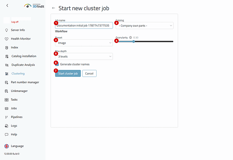 The numbered controls together form the request to the clustering backend. Review them as a whole, because the resulting hierarchy depends on the interplay of all settings.