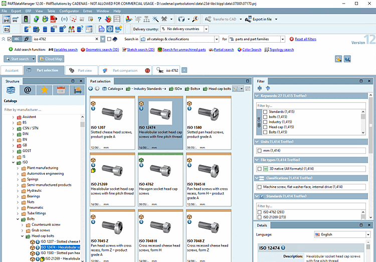 PARTdataManager with "Parts selection [Part selection] " tab page