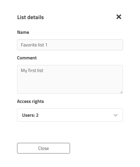List details dialog: In this example, the favorites list belongs to another user who has read-only rights.