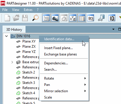 Call via context menu of part name
