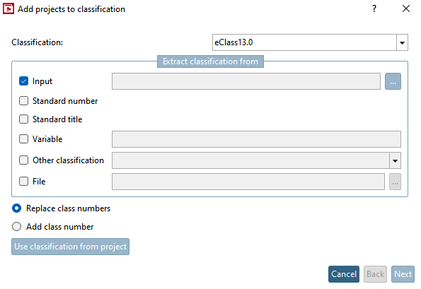 "Add projects to classification [Add projects to classification] " dialog box