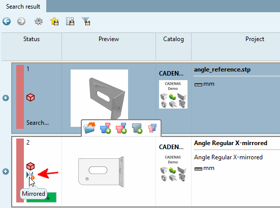 Option deactivated: Mirrored parts are not filtered out, but are marked with a corresponding icon.