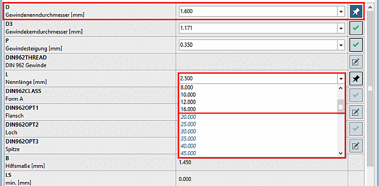 Example: D has been set on the value 1.6. As a result for L values greater or equal 20 are not possible anymore. These are displayed in blue now.