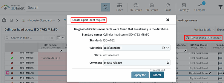 Example: 3Dfindit > Call up dialog "Create a part ident request" via button "Request an ERP number"