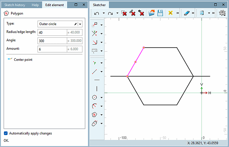 Polygon with the reference point center of the line
