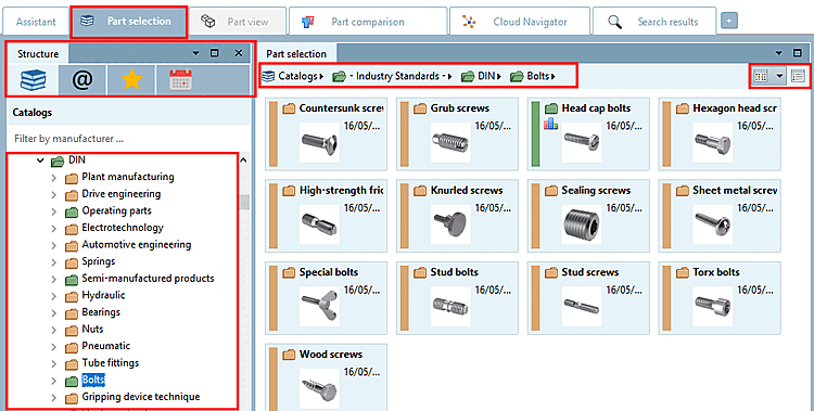 Example: In the illustration,"Catalogs [Catalogs] " is selected on the left and a directory is selected in the tree. The corresponding subdirectories for the directory selected on the left are displayed on the right.