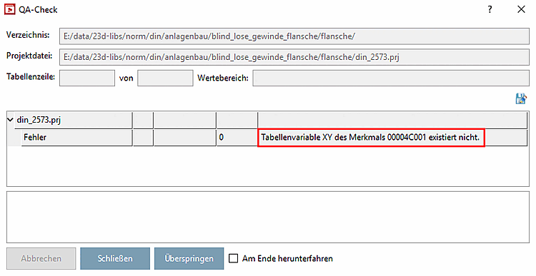 QA Check [QA-Check] " dialog box
