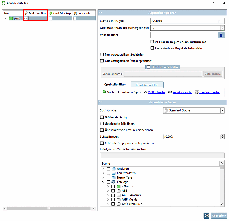 Create analysis " dialog box