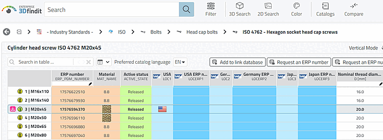 Background colors for ERP/PDM columns in 3Dfindit