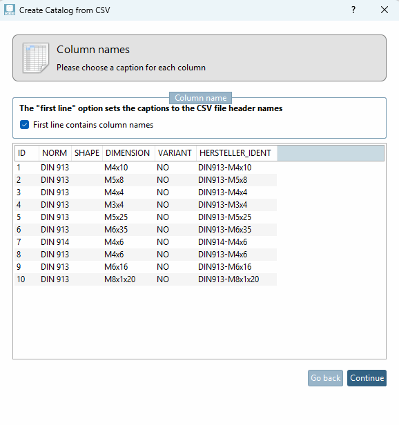 Column names in first line: Yes/No