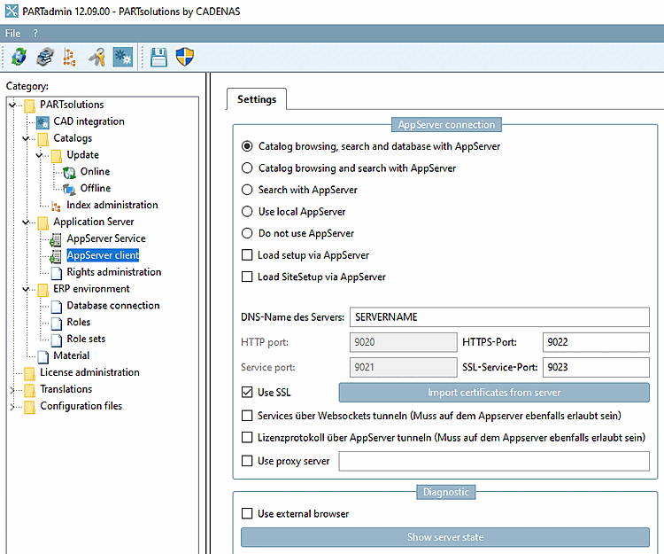 PARTadmin > Category "AppServer Client [AppServer client]" > Selection "Catalogs, search and database via AppServer [Catalog browsing, search and database with AppServer]"
