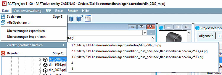 Example: "Recently opened files [Recent parts] " menu item, with sub-items
