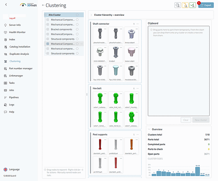 The header section of the clustering provides the administration action that opens the page for catalog export .