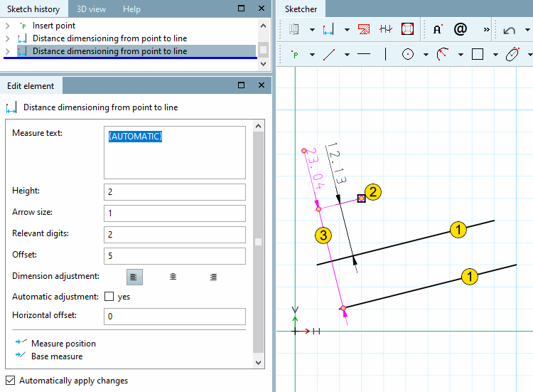 Distance dimensioning from point to line
