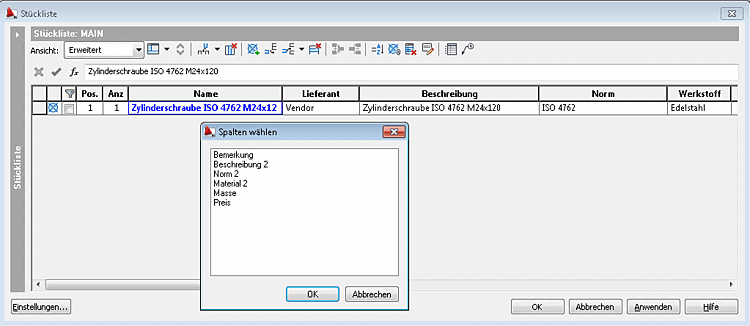 BOM list enhanced with the attributes "Name" and "Supplier"