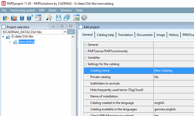 Edit project -> General tab -> Catalog settings [Settings for the catalog] -> Catalog name