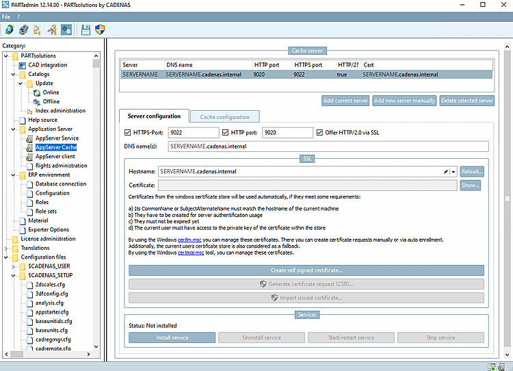 PARTadmin "AppServer Cache" view with
              the "Server Configuration" tabbed page: Port settings
              (HTTPS port 9022, HTTP port 9020), DNS name,
              SSL certificate management, and the buttons for
              installing, uninstalling, starting, and stopping the
              service.