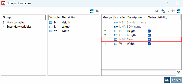 PARTproject → "Variable groups [Groups of variables]" dialog window