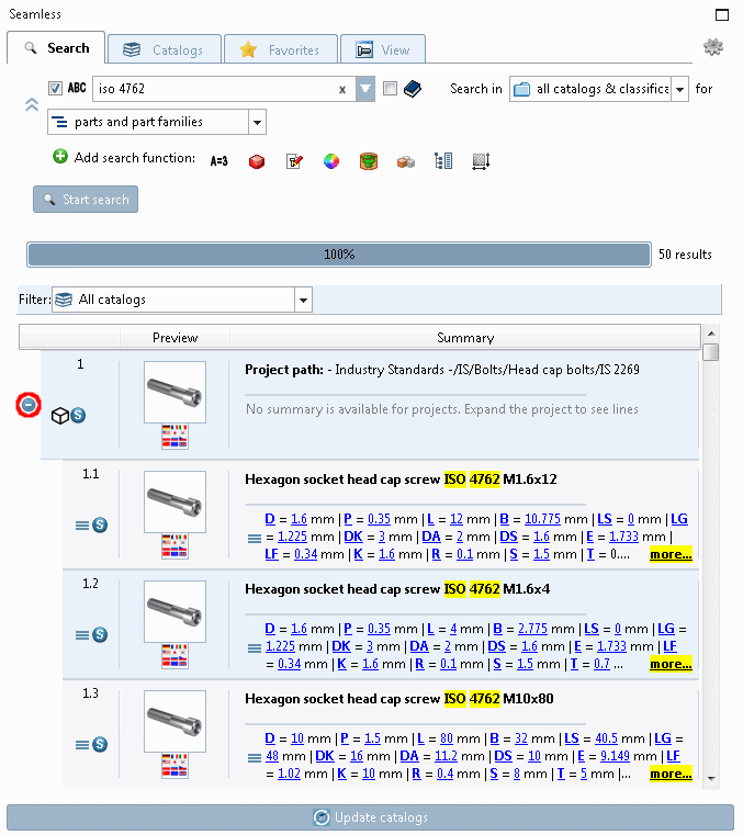 If you click on the plus sign, the parts family opens and you can see the individual parts.