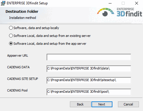 "Target Folder" setup dialog with
              the "Local Software, Data, and Setup from the
              App Server" option selected, as well as the fields App Server URL, CADENAS DATA,
              CADENAS SITE SETUP, and CADENAS Pool.