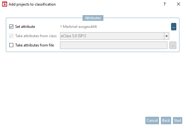 "Add projects to classification [Add projects to classification] " dialog box -> "Characteristics [Attributes] " dialog area