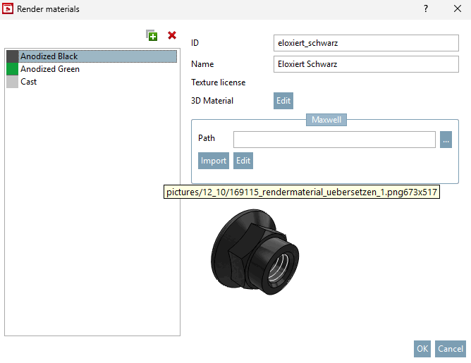 Example of a translation in the Render materials window