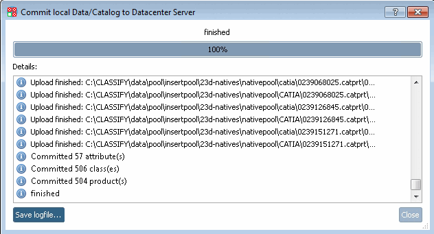 Once the process has finished "finished" is displayed in the log.