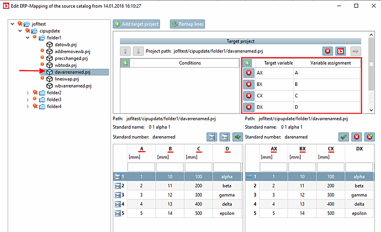 The renamed fixed variables are displayed under " Target variable/variable [Target variable] assignment [Variable assignment] ".
