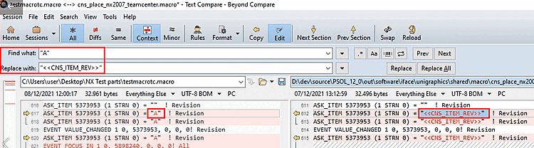 "<<CNS_ITEM_REV>>" replaces concrete occurrences of revision in the recorded macro.