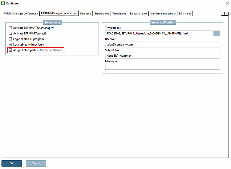 Assign linked parts in the parts selection