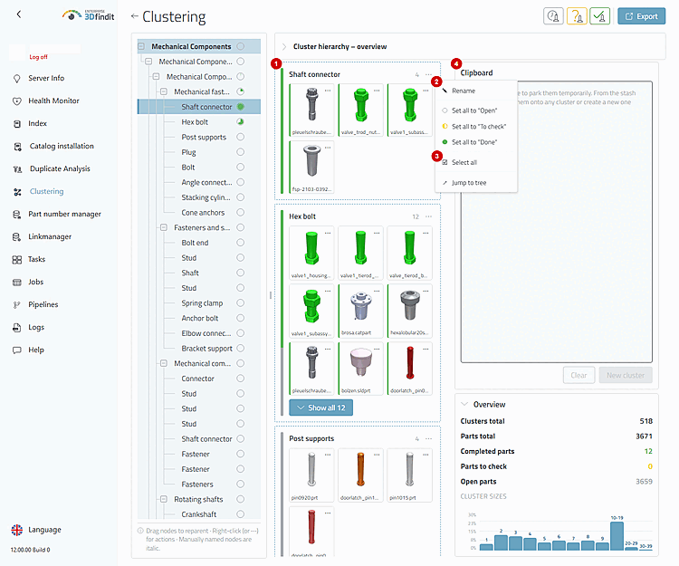 The cluster's action menu allows you to select the entire cluster; "Clipboard" is the temporary storage area for the next assignment decision.