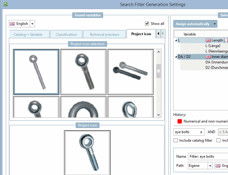 Example: Search with order number, display of type code in the table