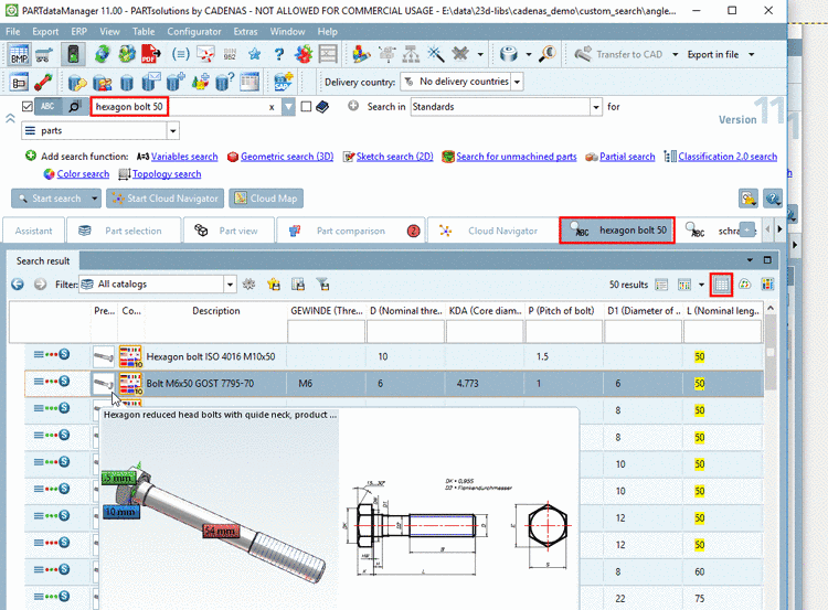 Search results in"Table" mode