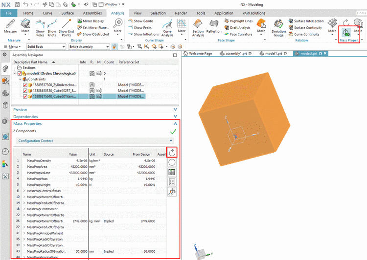 Example using NX 1899: Analysis->Show Mass Properties-> dialog area "Mass Properties" -> Update